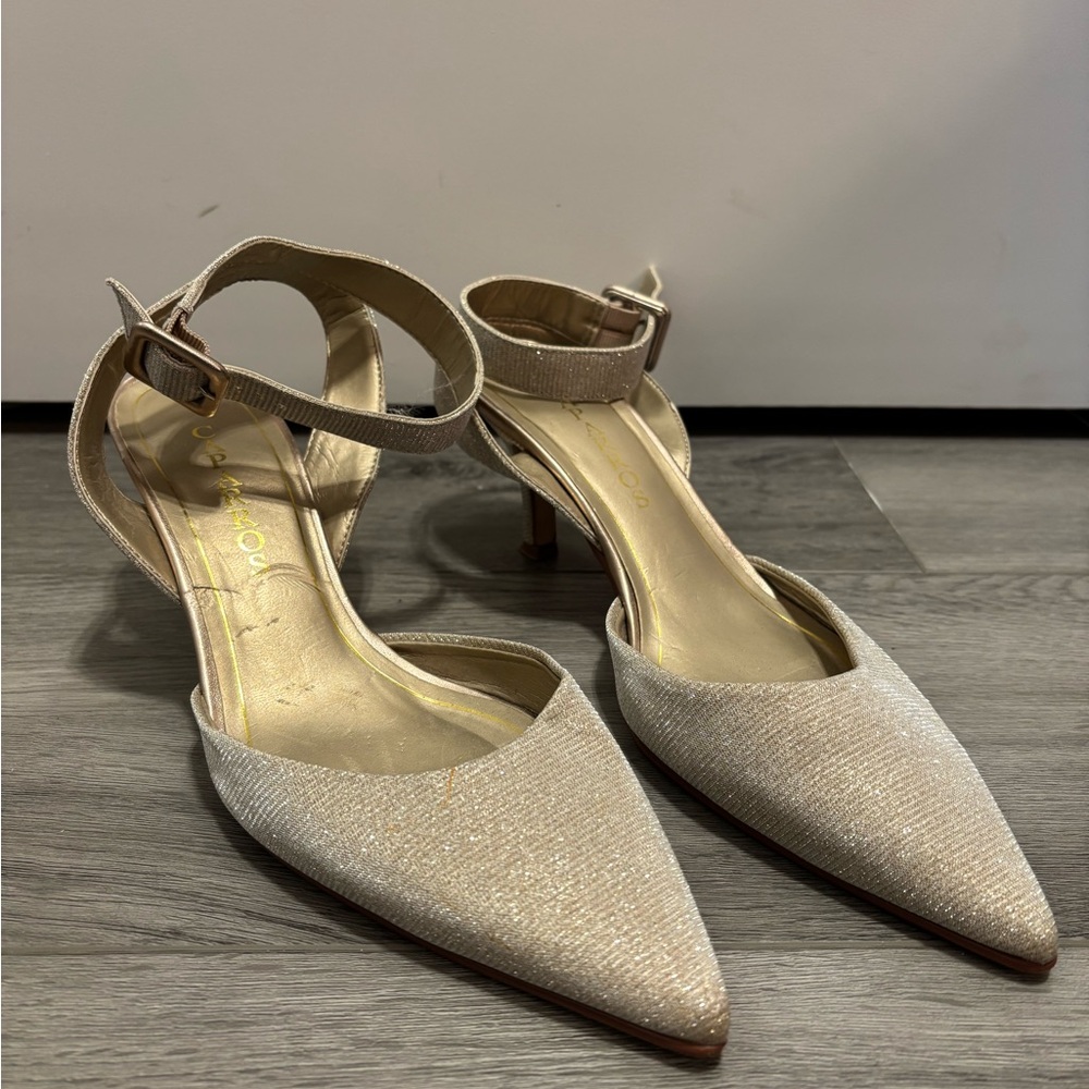 Caparros Shimmery Champagne Pointed Toe Ankle Strap Heels
